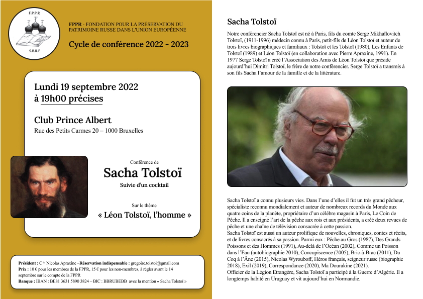 Affiche. FPPR. Conférence de Sacha Tolstoï intitulée « Léon Tolstoï, l|homme » 2022-09-19
